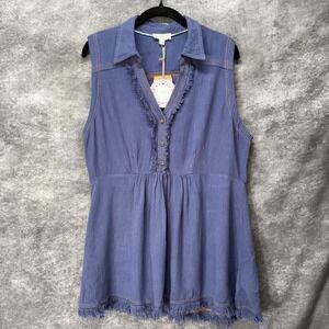 Umgee Babydoll Tunic Top Womens S Indigo Linen Sleeveless Henley Peplem Fringe